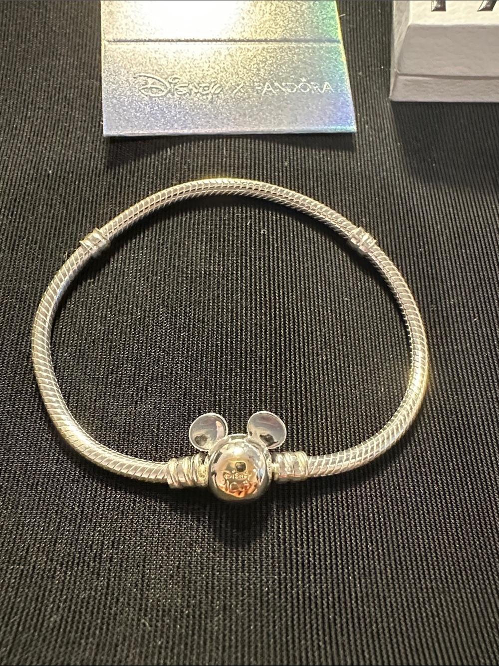 Authentic Pandora (925) Sterling Silver & 14K Gold Mickey Mouse Charm Bracelet